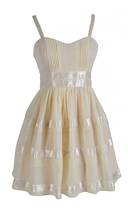 Ribbons and Lace Pleated Chiffon Designer Dress by Minuet in Cream Lily